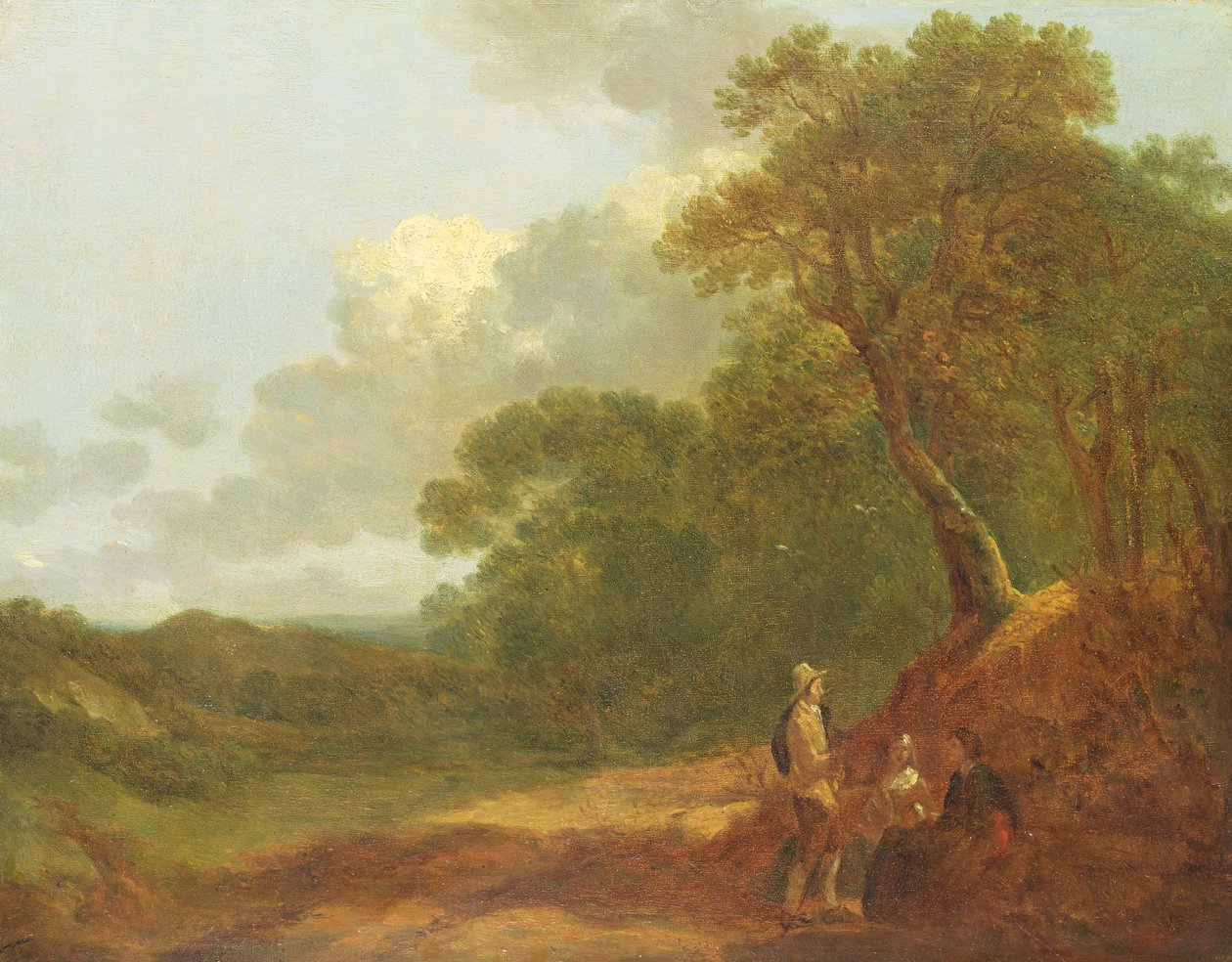 Skogbevuxen landskap med en man som pratar med två sittande kvinnor av Thomas Gainsborough