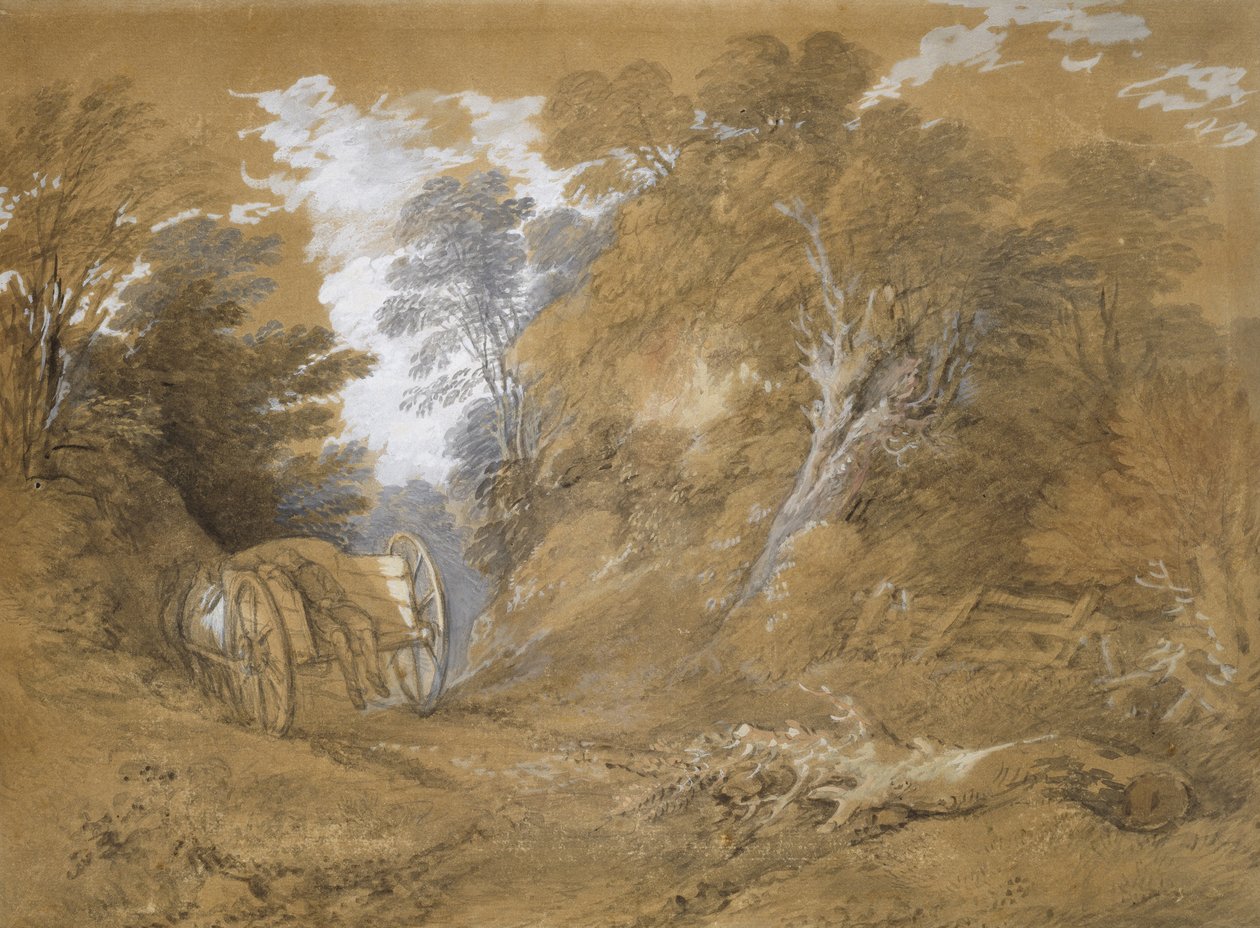 Skogslandskap med en bondpojke som sover i en vagn (akvarell och bodycolour över svaga tecken i grafit på brunt papper) av Thomas Gainsborough