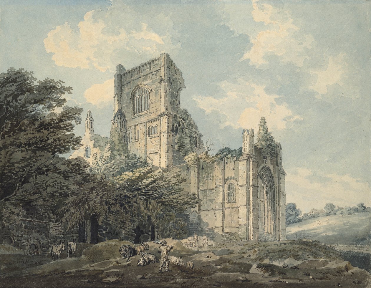 Kirkstall Abbey, Yorkshire, 1700-talet (bläck och wc på papper) av Thomas Girtin