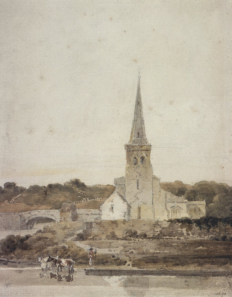 Landskap med en kyrka bredvid en flod (wc) av Thomas Girtin