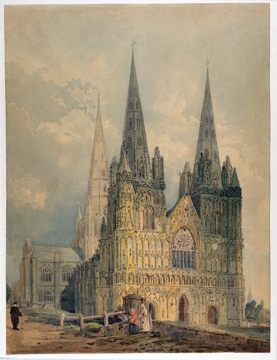 Lichfield Cathedral, Staffordshire, 1794 (wc över grafit på vävt papper) av Thomas Girtin