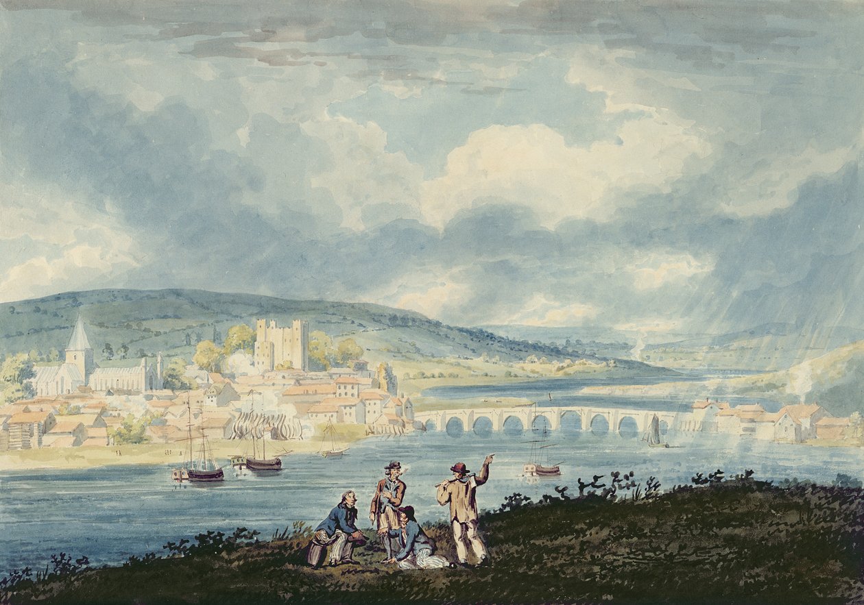 Rochester, från norr, ca 1790 (wc över penna med tvätt på papper) av Thomas Girtin