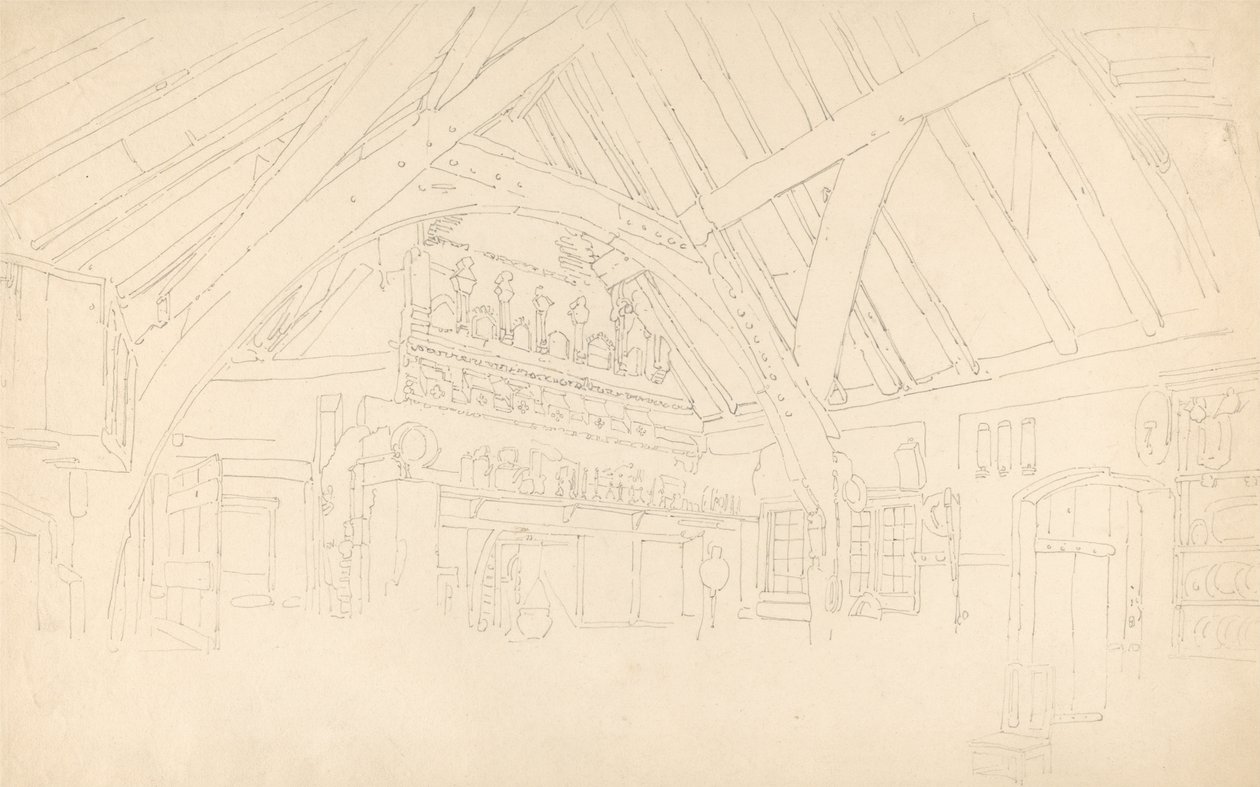 Stokesay Castle- Interiör i en spärrad hall av Thomas Girtin