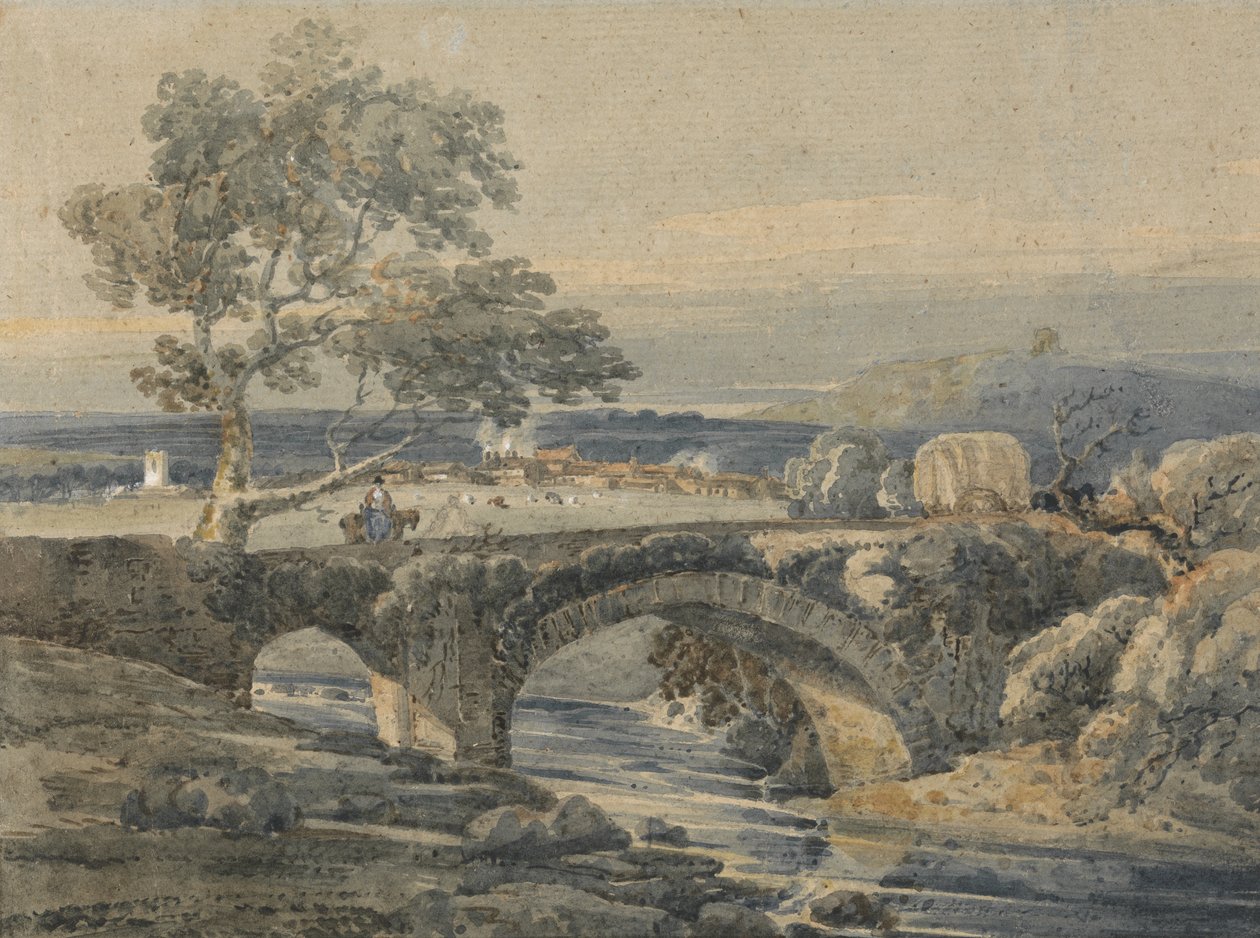 Den gamla bron i Devon (grafit och wc med vit bc på papper) av Thomas Girtin