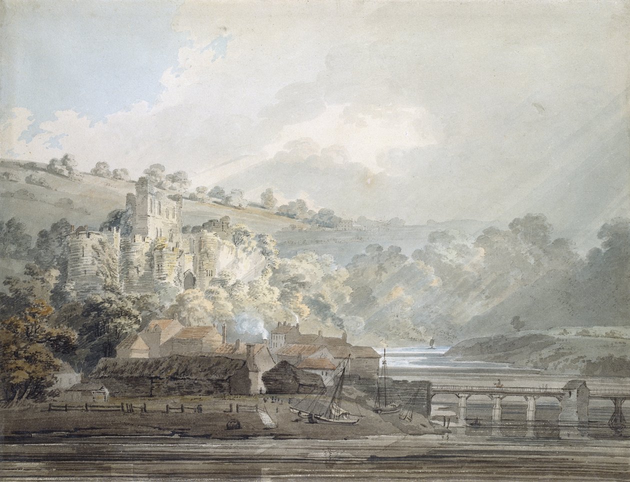 Vy över Chepstow, Monmouthshire, ca 1791-92 (akvarell berört med penna och svart bläck över grafitindikeringar) av Thomas Girtin