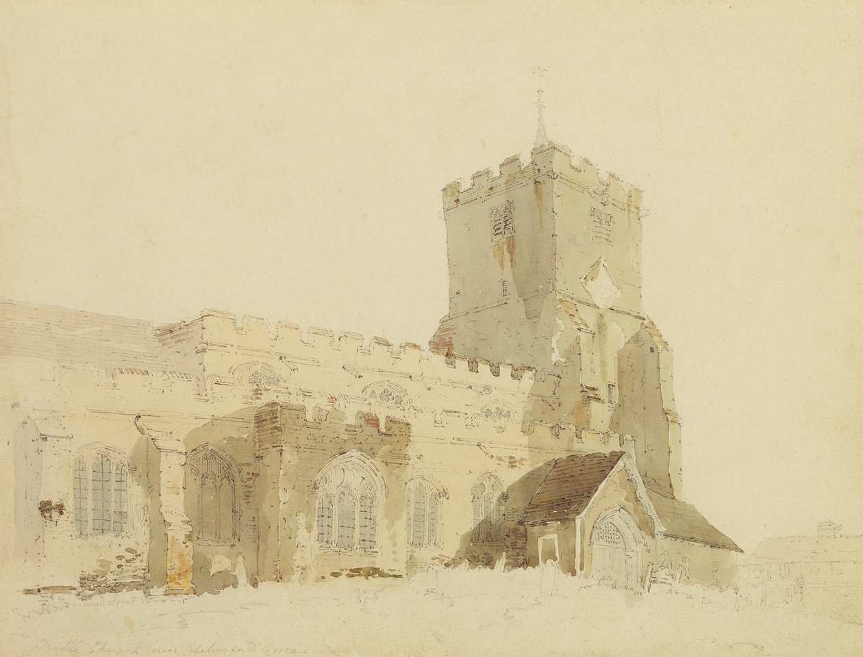 Writtle Church, Essex, ca 1795 (wc över grafit på papper) av Thomas Girtin