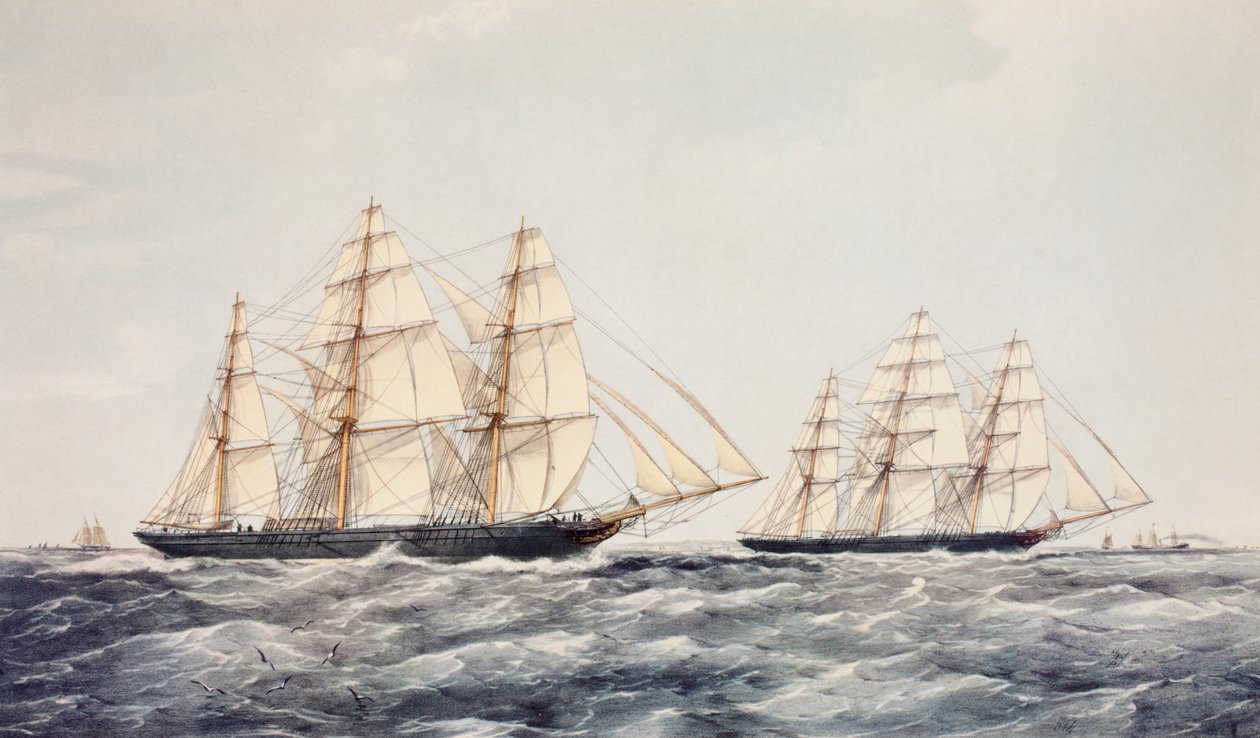Teklipparna Taeping (vänster) och Ariel (höger) i The Great Tea Race 1866, från Kina till London av Thomas Goldsworth Dutton