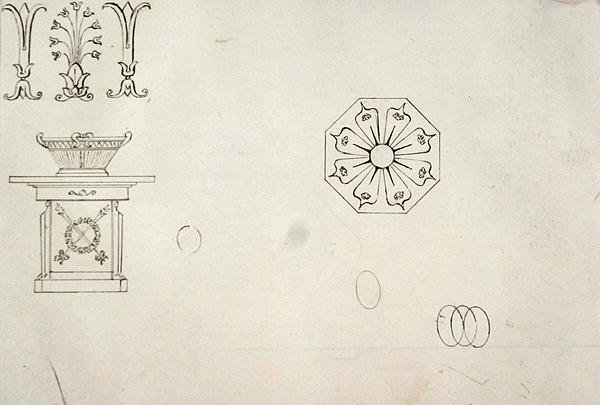 Design för formgjuten arbetsdekoration, från tjugoen pennteckningar av dekorativa detaljer i antik stil (penna och brunt bläck på papper) av Thomas Hope