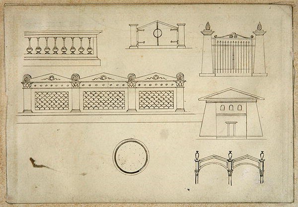 Design för portar, väggar och balustrade, från tjugoen pennteckningar av dekorativa detaljer i antik stil (grafit, penna och brunt bläck på papper) av Thomas Hope