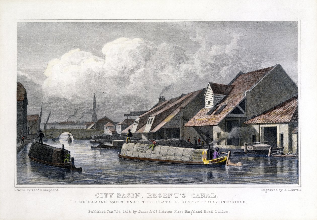 City Basin, Regents Canal, graverad av F.J. Havell, 1827 av Thomas Hosmer after Shepherd