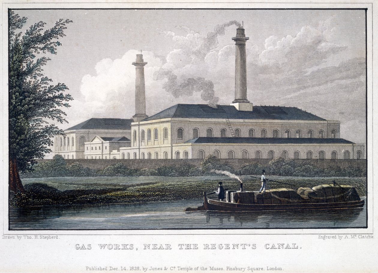 Gas Works, nära Regents Canal, graverad av A. McClatchie, 1828 av Thomas Hosmer after Shepherd