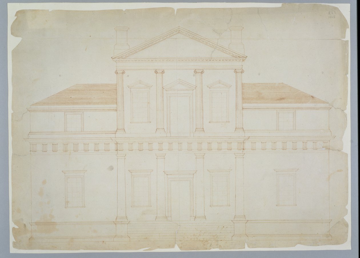 Monticello, första versionen (höjd), troligen före mars 1771 (brunt bläck på lagt papper) av Thomas Jefferson