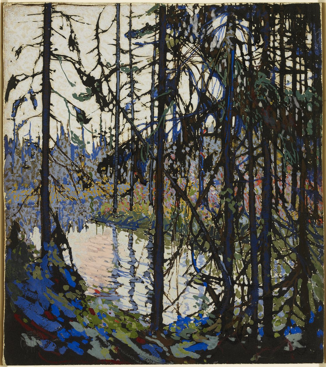 Studie för Northern River, 1914-15 (gouache, pensel och bläck över grafit på illustrationstavlan) av Tom Thomson
