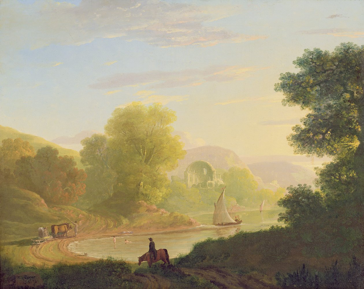 En imaginär kustscen, med Venustemplet vid Baiae, 1773 av Thomas Jones