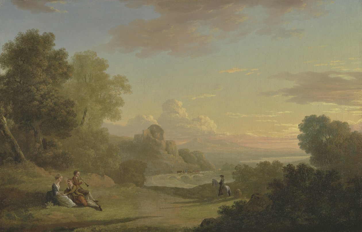 Ett imaginärt landskap med en resenär och figurer med utsikt över Baiae-bukten, 1773 av Thomas Jones