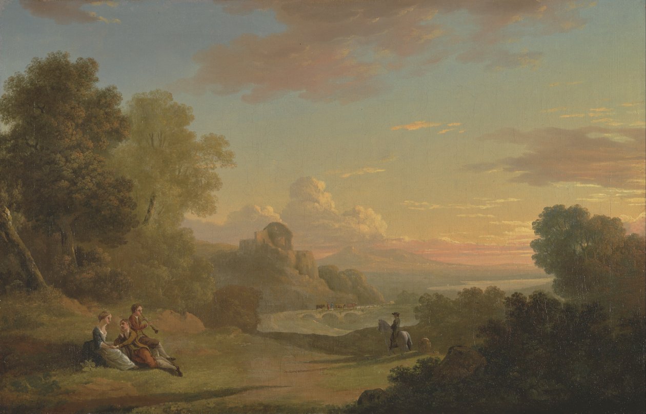 Ett imaginärt landskap med en resenär och figurer med utsikt över Baiae-bukten av Thomas Jones