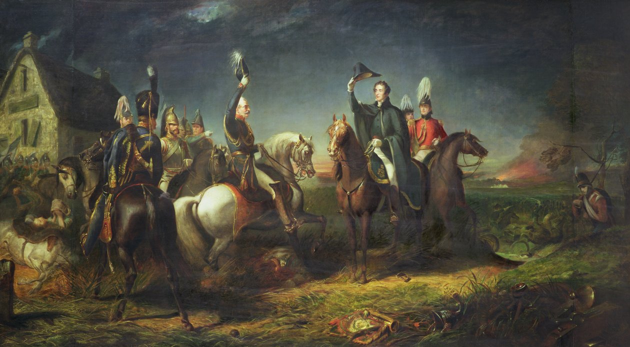 Mötet mellan hertigen av Wellington och fältmarskalk Blucher på kvällen efter segern i Waterloo i La Belle Alliance av Thomas Jones