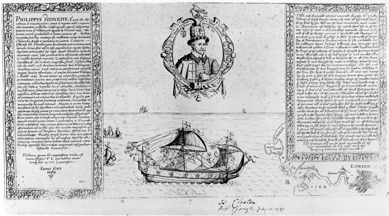 The Black Pinnace tar tillbaka Sir Philip Sidneys kropp till London, pub. år 1588 av Thomas Lant