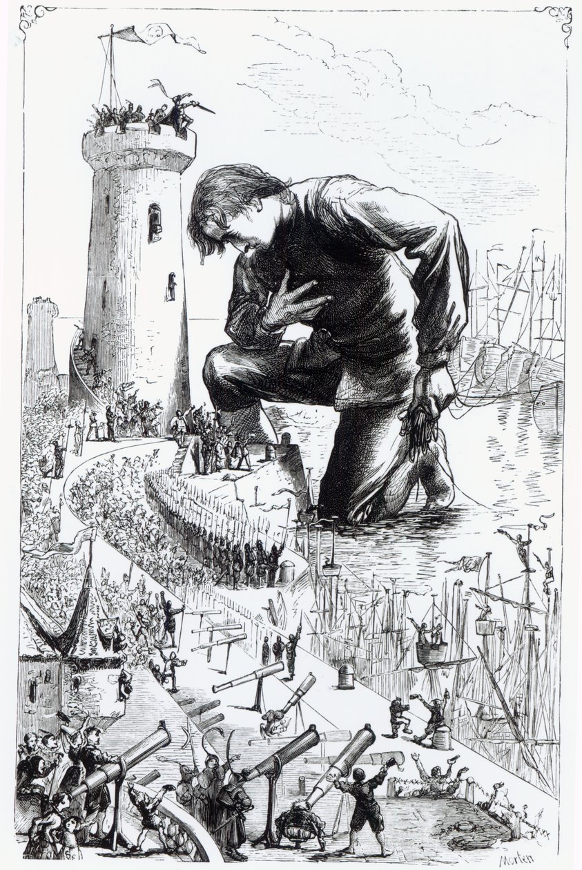 Gulliver knäböjer framför Lilliputians efter att ha stulit Blefuscudian-flottan, illustration från 