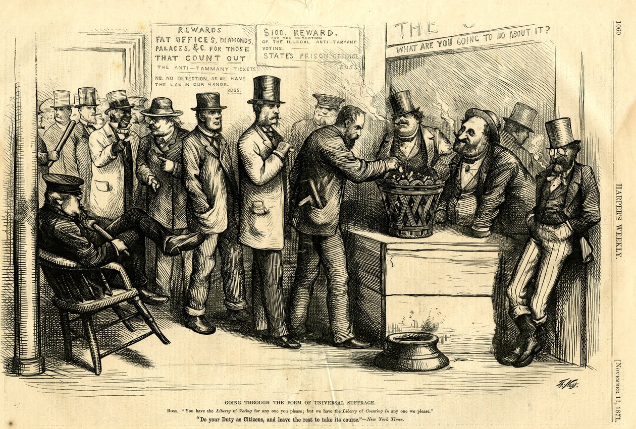 Going Through the Form of Universal Suffrage, 1871 (trägravyr) av Thomas Nast