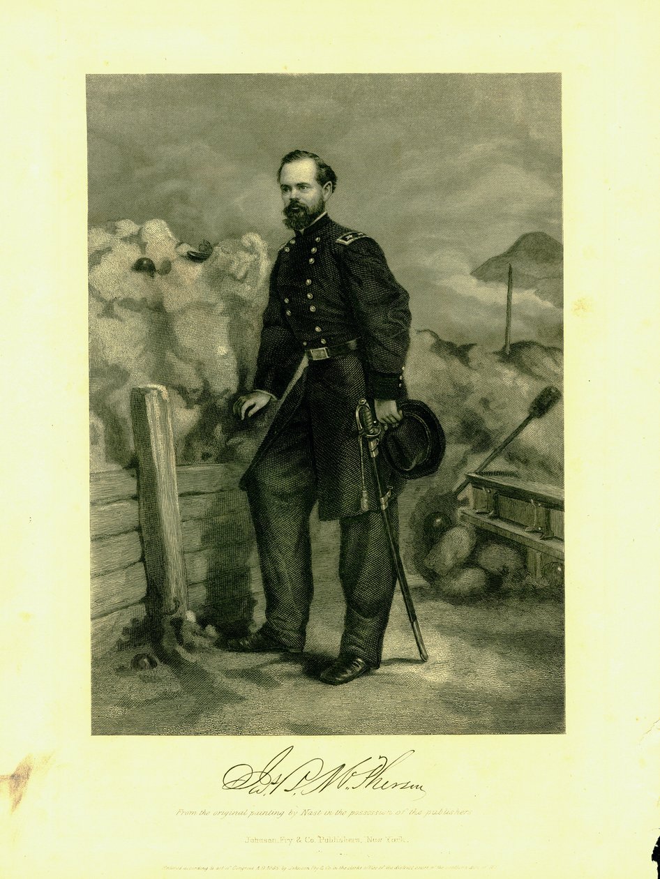Tryck av general McPherson i uniform med svärd av Thomas Nast