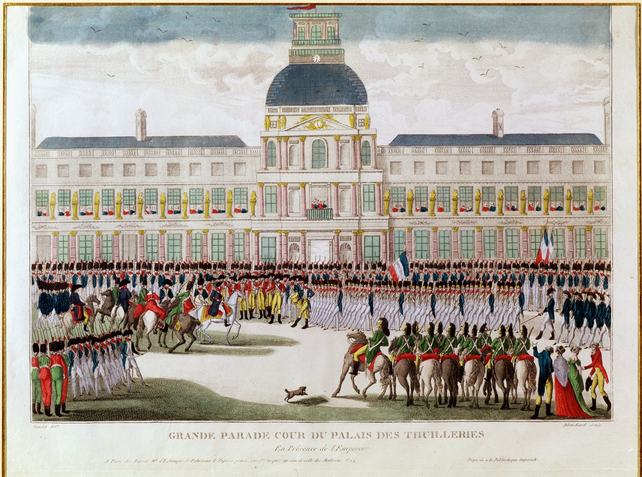 Parad på innergården i Palais des Tuileries i närvaro av kejsaren, graverad av Blanchard av Thomas Naudet