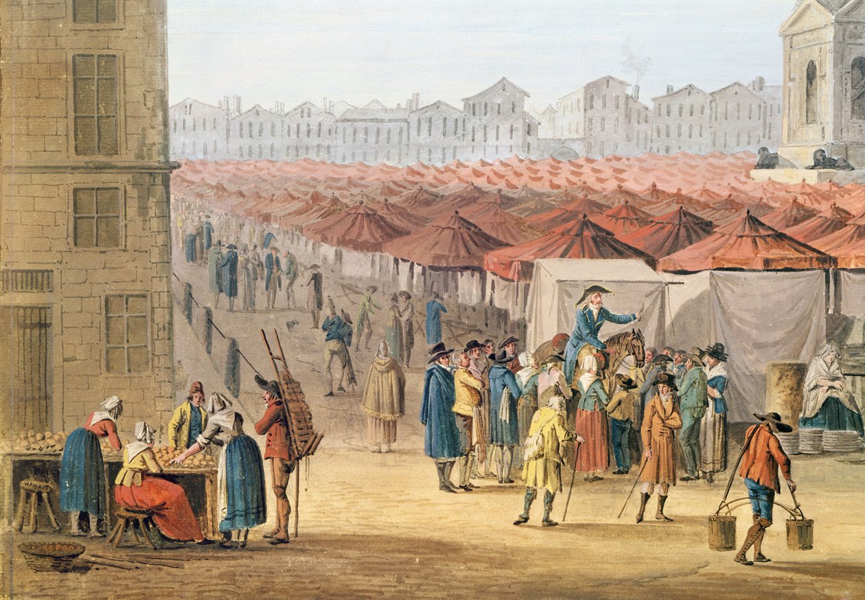 Marche des Innocents, detalj på vänster sida, ca 1794-1810 (wc und gouache på papper) av Thomas Naudet