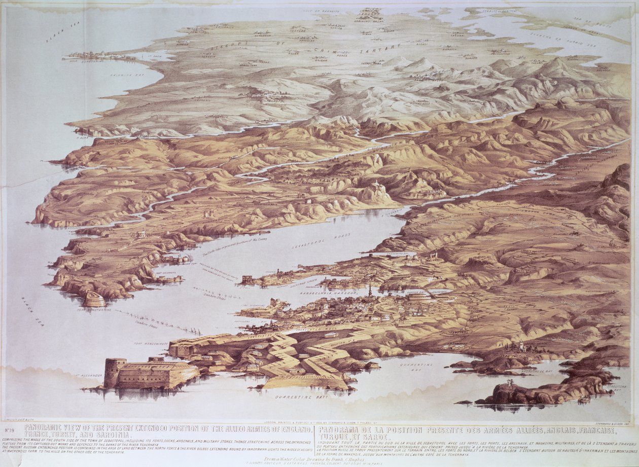 Panoramautsikt över den nuvarande utvidgade positionen av de allierade arméerna av England, Frankrike, Turkiet och Sardinien, från en vattenfärgteckning av Frank C. Hughes, pub. av Stannard och Dixon, 1855 av Thomas Packer