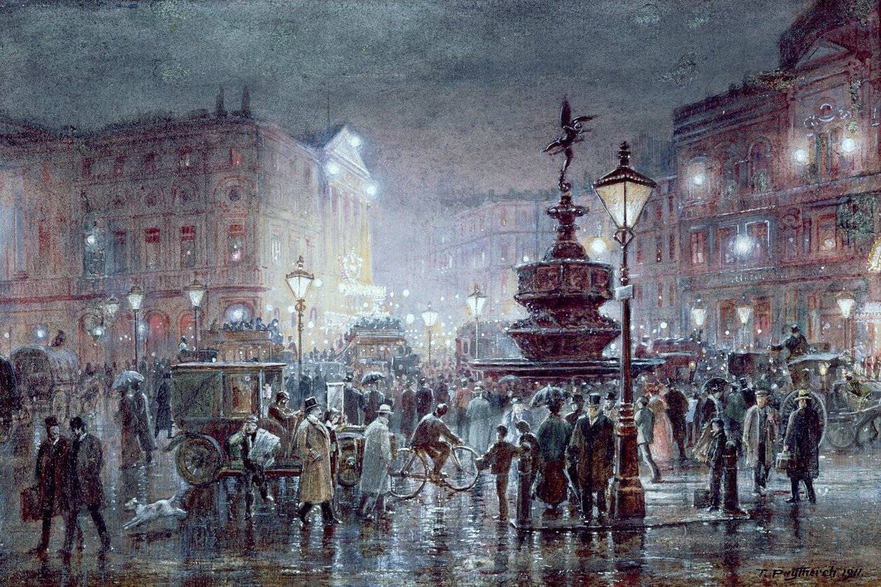Piccadilly Circus at Night, 1911 (wc och gouache på papper) av Thomas Prytherch