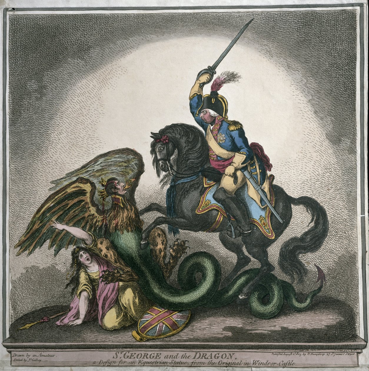 St. George and the Dragon, en design för en ryttarstaty, från originalet i Windsor Castle, graverad av James Gillray (1756-1815) publicerad av Hannah Humphrey 1805 (handfärgad etsning) av Thomas Richmond Gale Braddyll