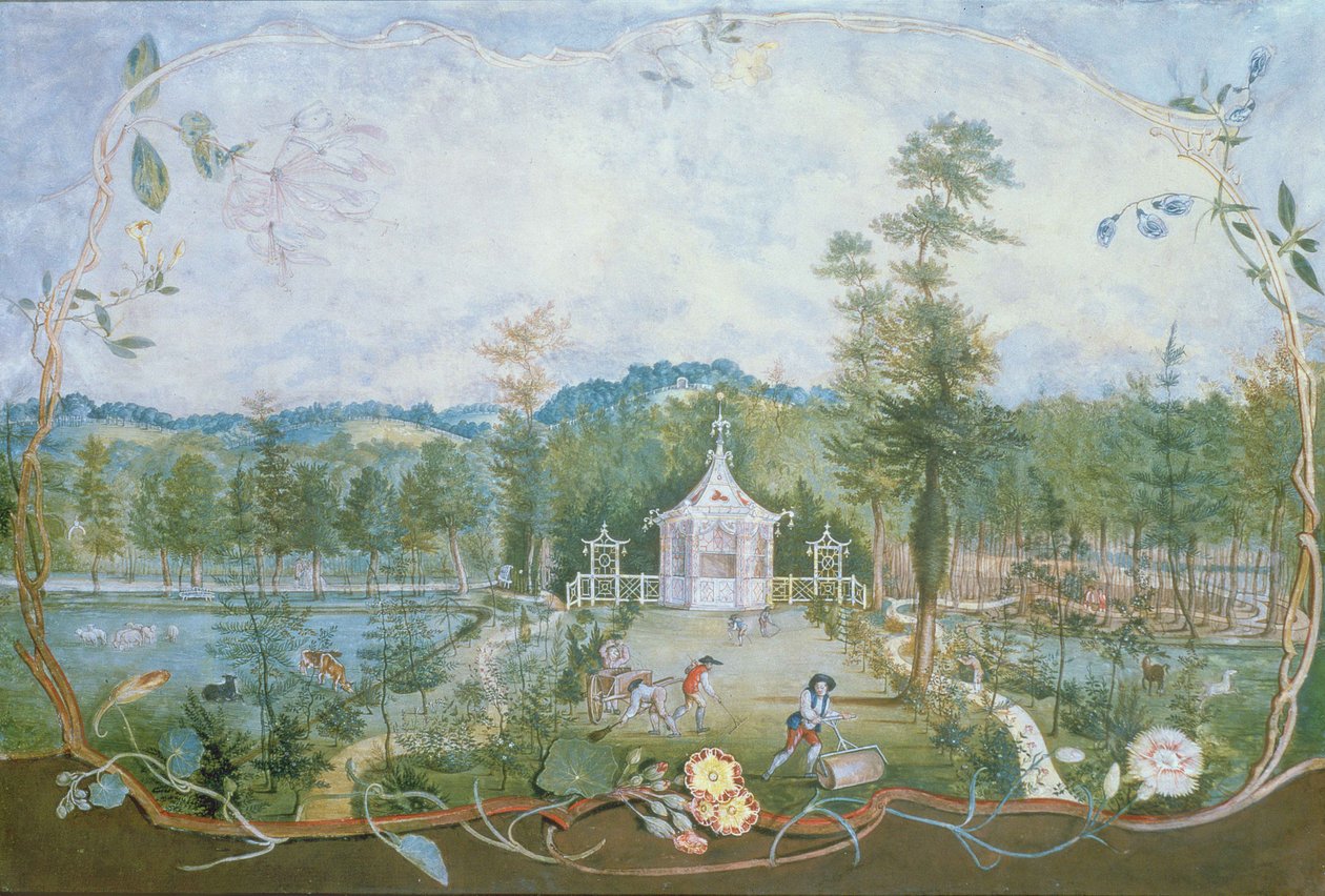 Kinesisk paviljong i en engelsk trädgård, 1700-tal (wc och gouache på papper) av Thomas Robins