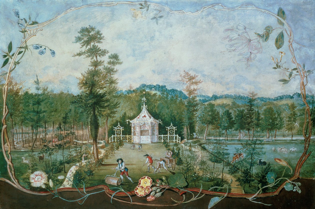 Kinesisk paviljong i en engelsk trädgård, 1700-talet (wc och gouache på papper) av Thomas Robins