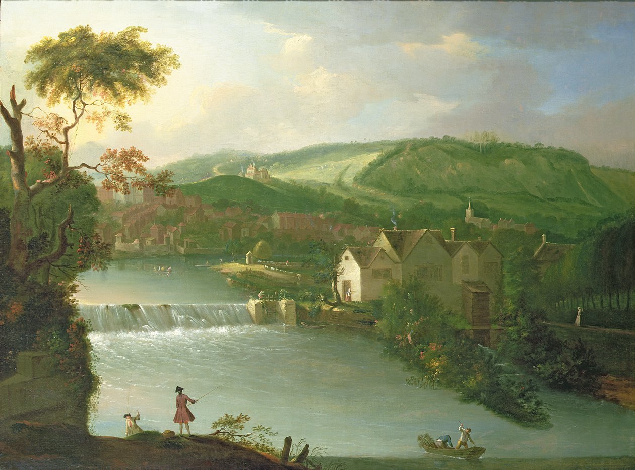 En vy av Abbey Mill och Weir vid floden Avon, Bath av Thomas Ross