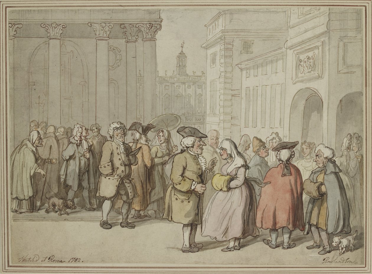 En grupp skissad i Rom (penna och rödbrunt bläck och akvarell över indikationer i grafit) av Thomas Rowlandson