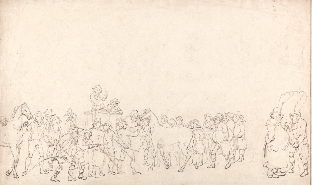 En hästförsäljning i Hopkinss Repository (en översikt) av Thomas Rowlandson