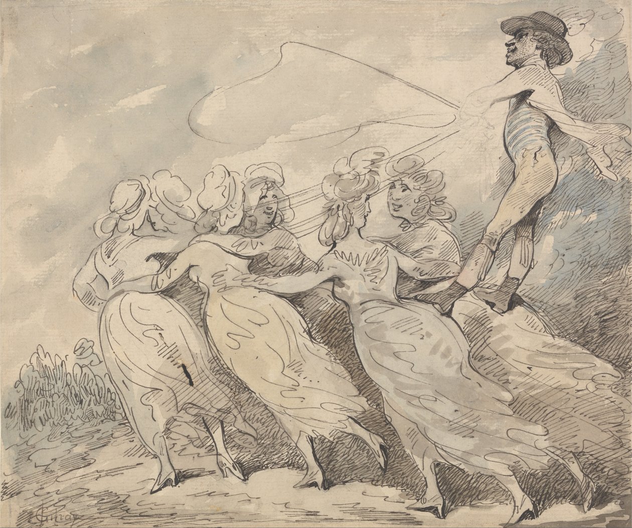 A Man Driving a Team of Six Girls av Thomas Rowlandson