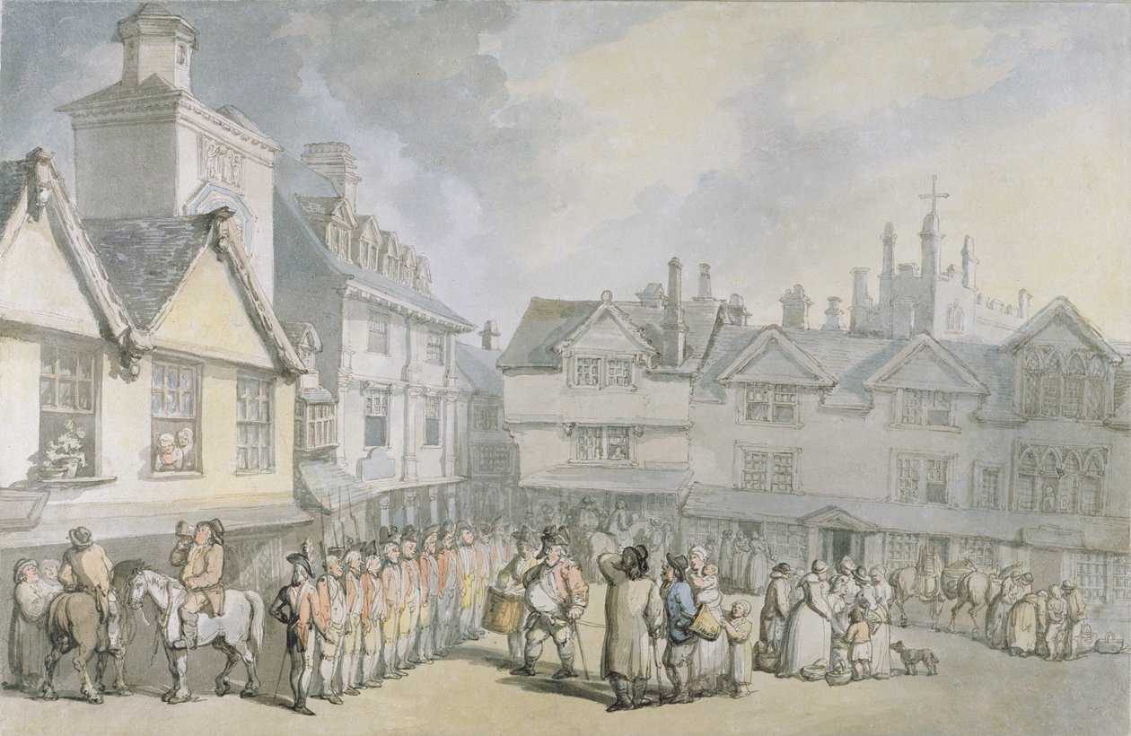 A Review in a Market Place, c.1790 (penna och bläck med wc på papper) av Thomas Rowlandson