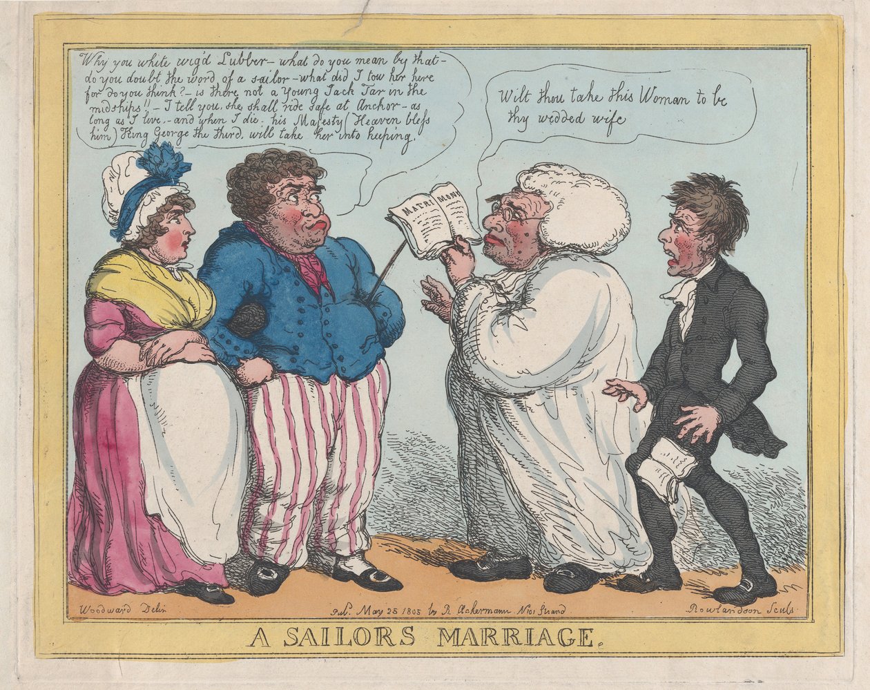 A Sailors Marriage, 1805 (färgad etsning) av Thomas Rowlandson