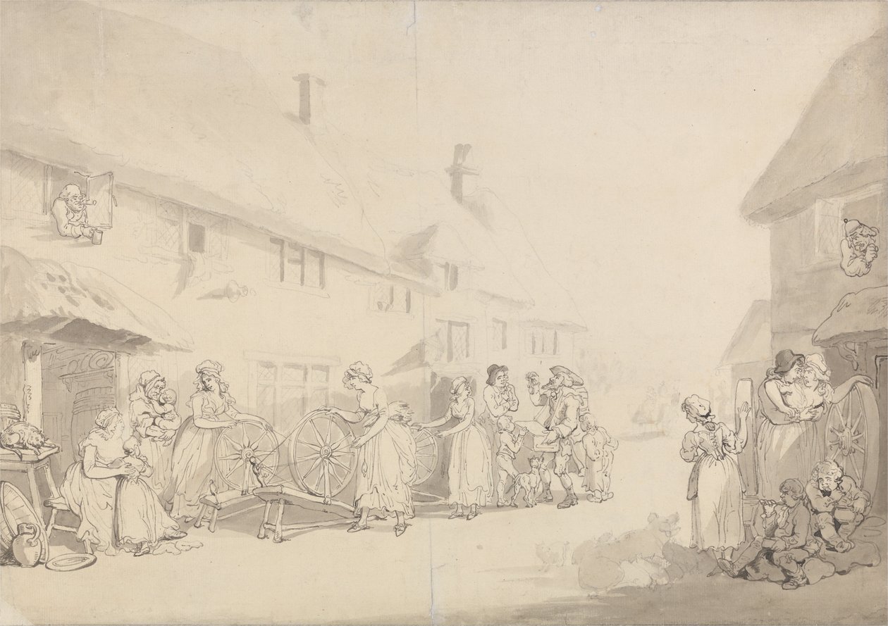 A Village Scene with Girls Spinning av Thomas Rowlandson