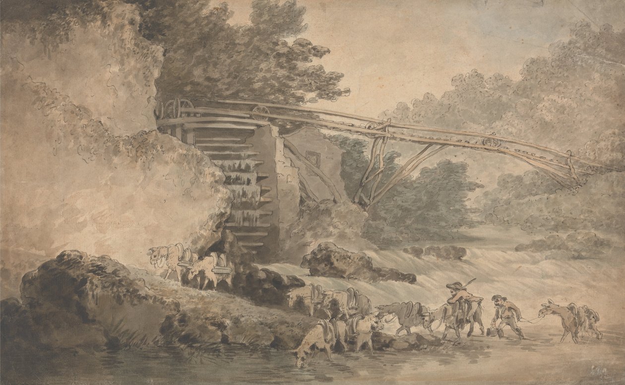 A Water-Wheel Driving a Transporter av Thomas Rowlandson
