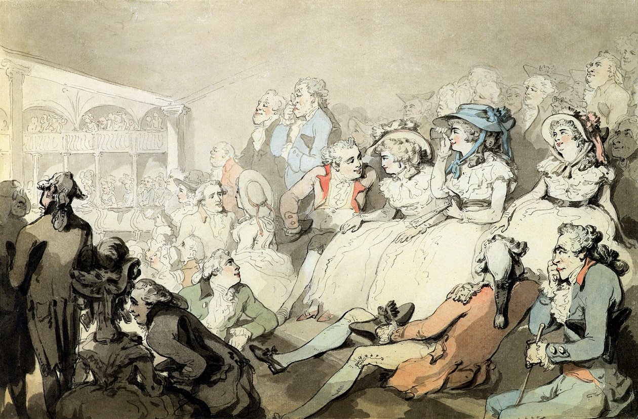 En publik som tittar på en pjäs, ca 1785 (penna och bläck samt wc på papper) av Thomas Rowlandson