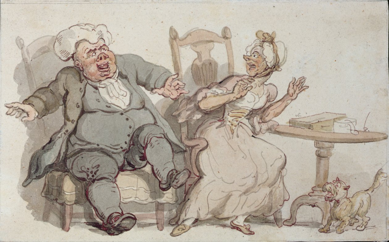 En gammal kvinna och hennes hund skräms av Male Company (penna & bläck och wc på papper) av Thomas Rowlandson
