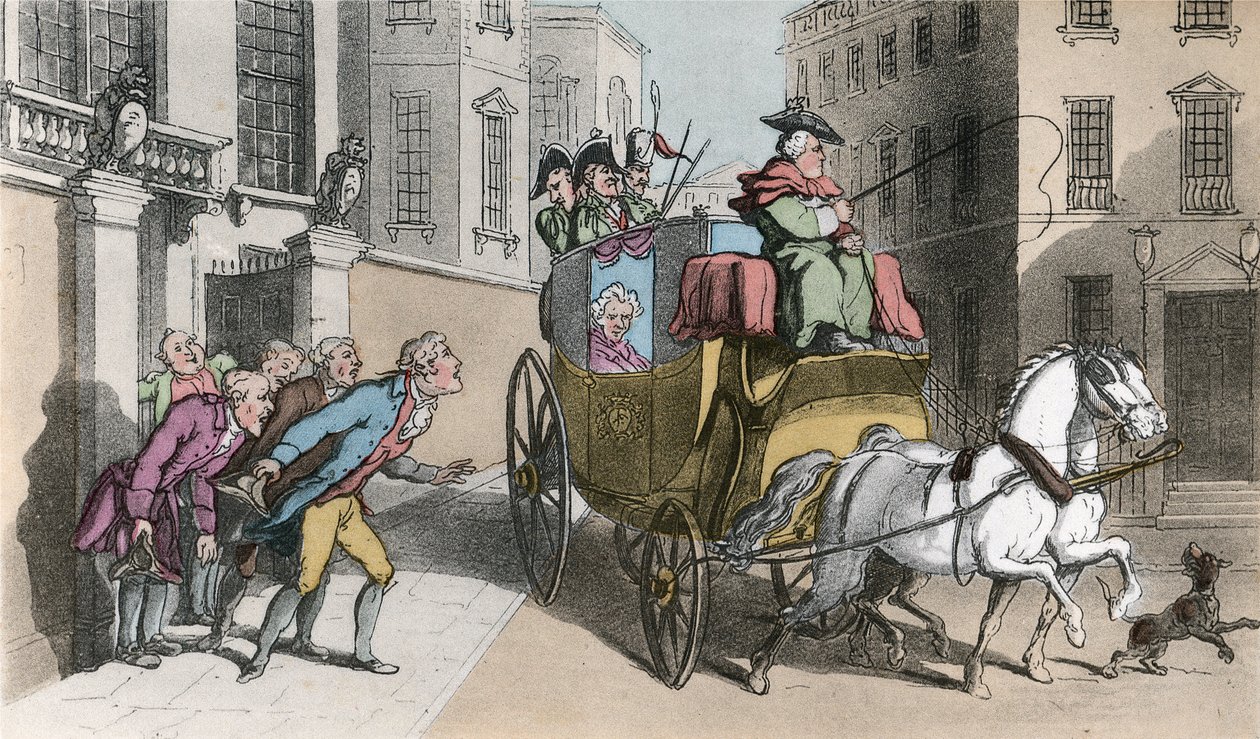 Närvaro på en adelsman, illustration från "The Vicar of Wakefield" av Oliver Goldsmith, pub. Ackermann, 1817 (handfärgad akvatint) av Thomas Rowlandson