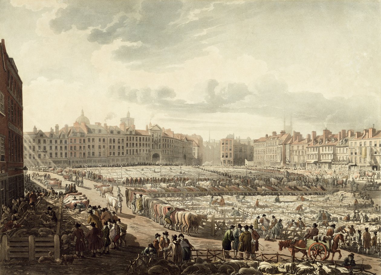 Fågelperspektiv över Smithfield Market (akvatint) av Thomas Rowlandson