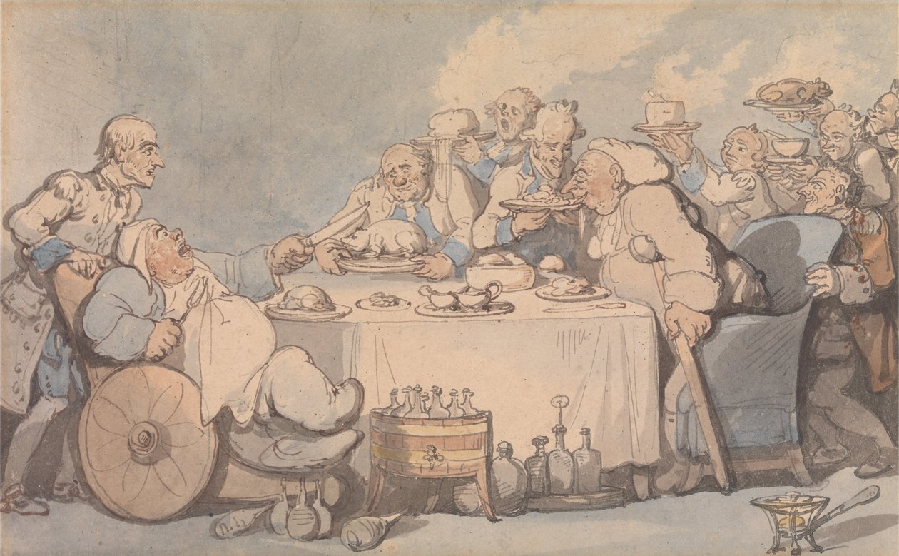 Comforts of Bath- Gouty Gourmands at Dinner av Thomas Rowlandson