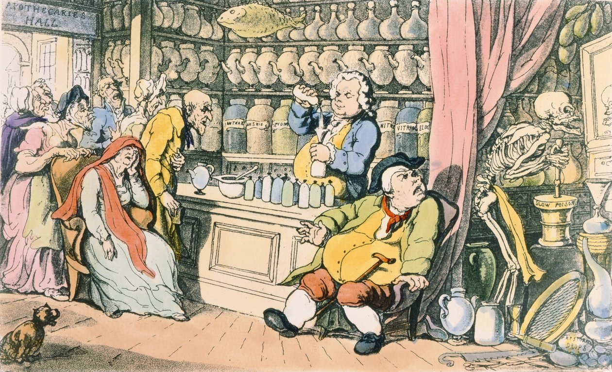 "Death and the Apothecary" eller "The Quack Doctor", illustration från "The English Dance of Death", utgiven av R. Ackermann, London 1815-17 (etsning i färg) av Thomas Rowlandson