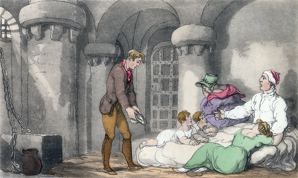 Inhemskt arrangemang i fängelse, illustration från "The Vicar of Wakefield" av Oliver Goldsmith, pub. Ackermann, 1817 (handfärgad akvatint) av Thomas Rowlandson