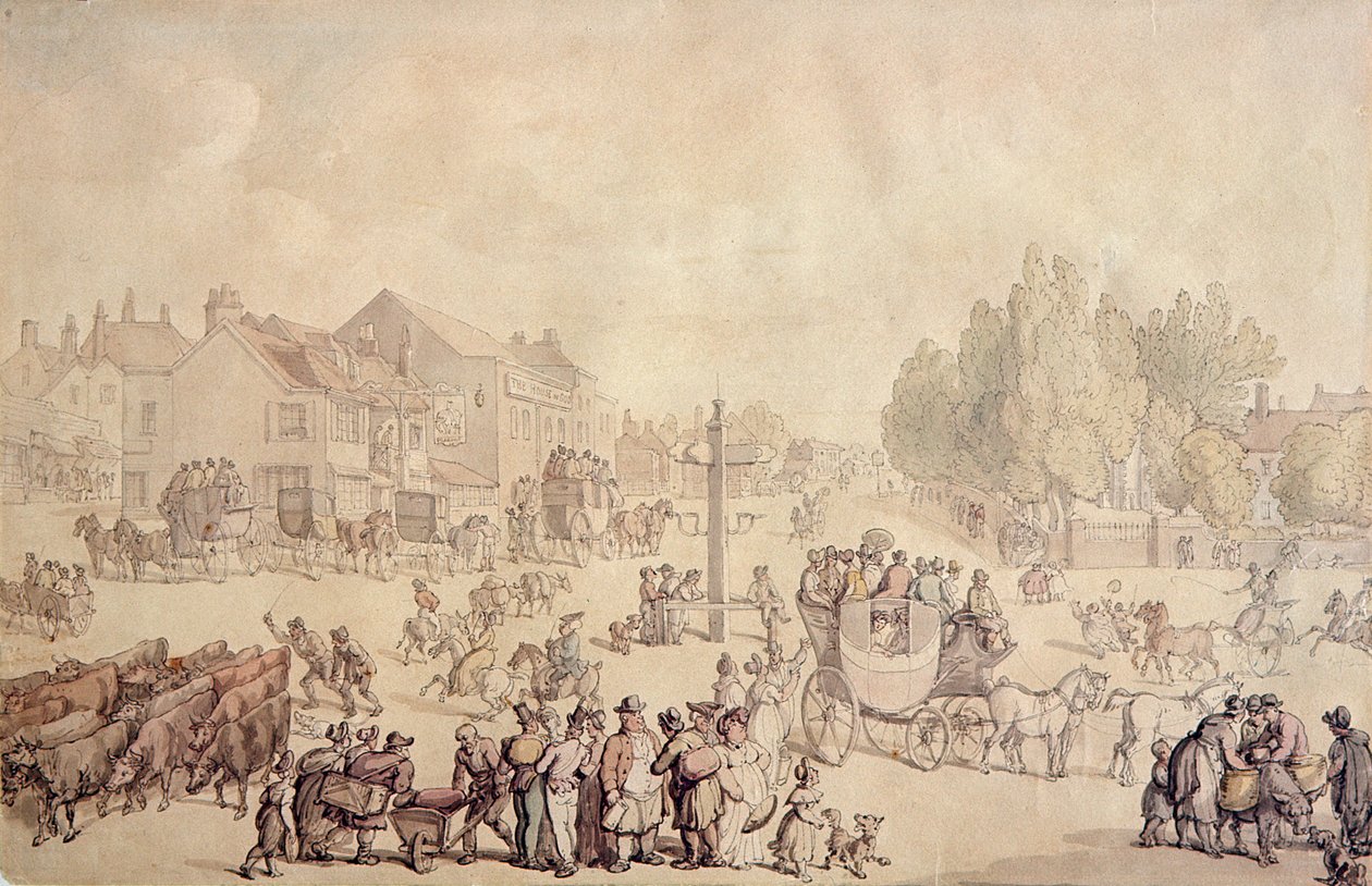 Elephant and Castle (håndfarvet gravering) swed av Thomas Rowlandson