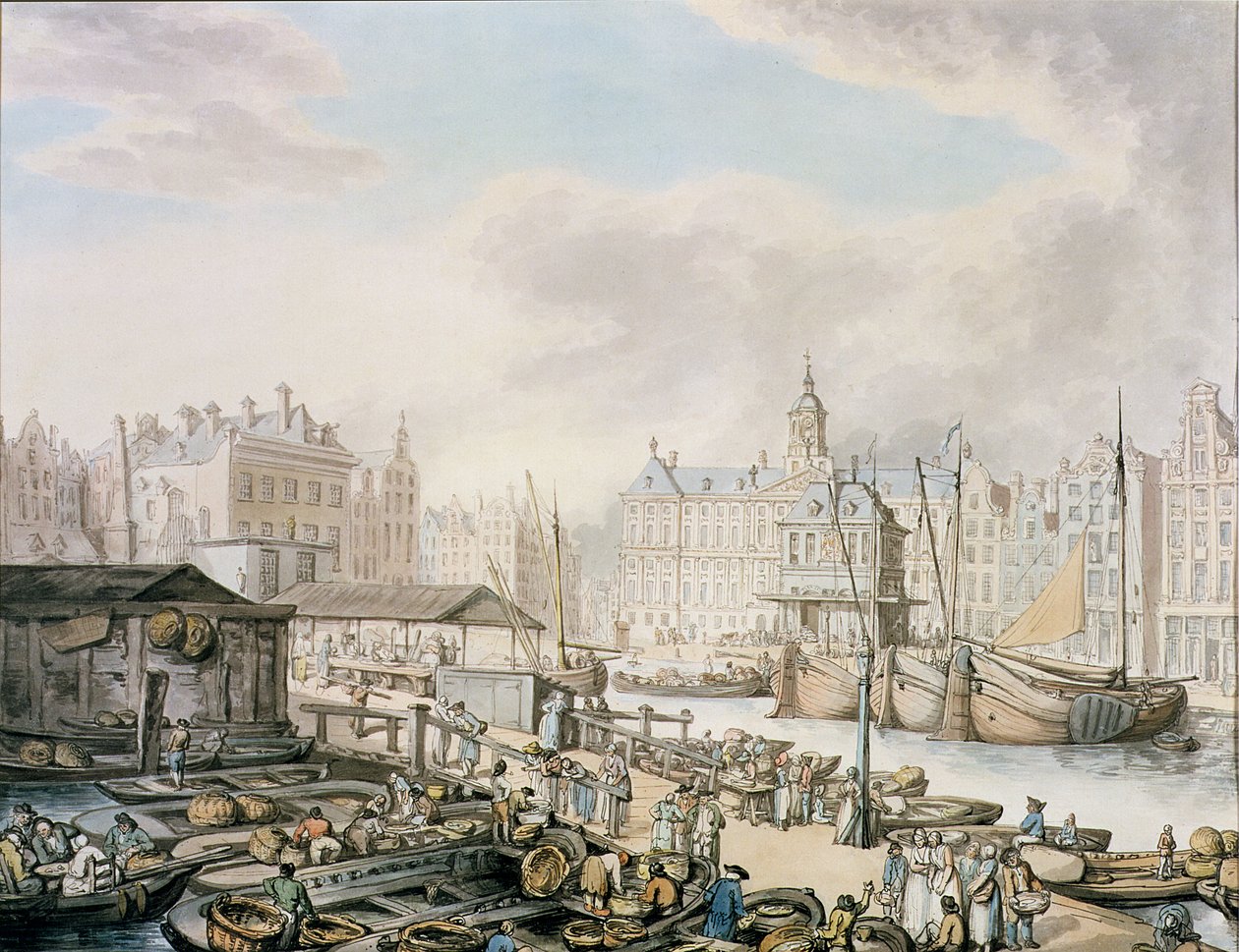 Feyge-dammen och en del av fiskmarknaden, Amsterdam, ca 1794 (penna och bläck med wc på papper) av Thomas Rowlandson