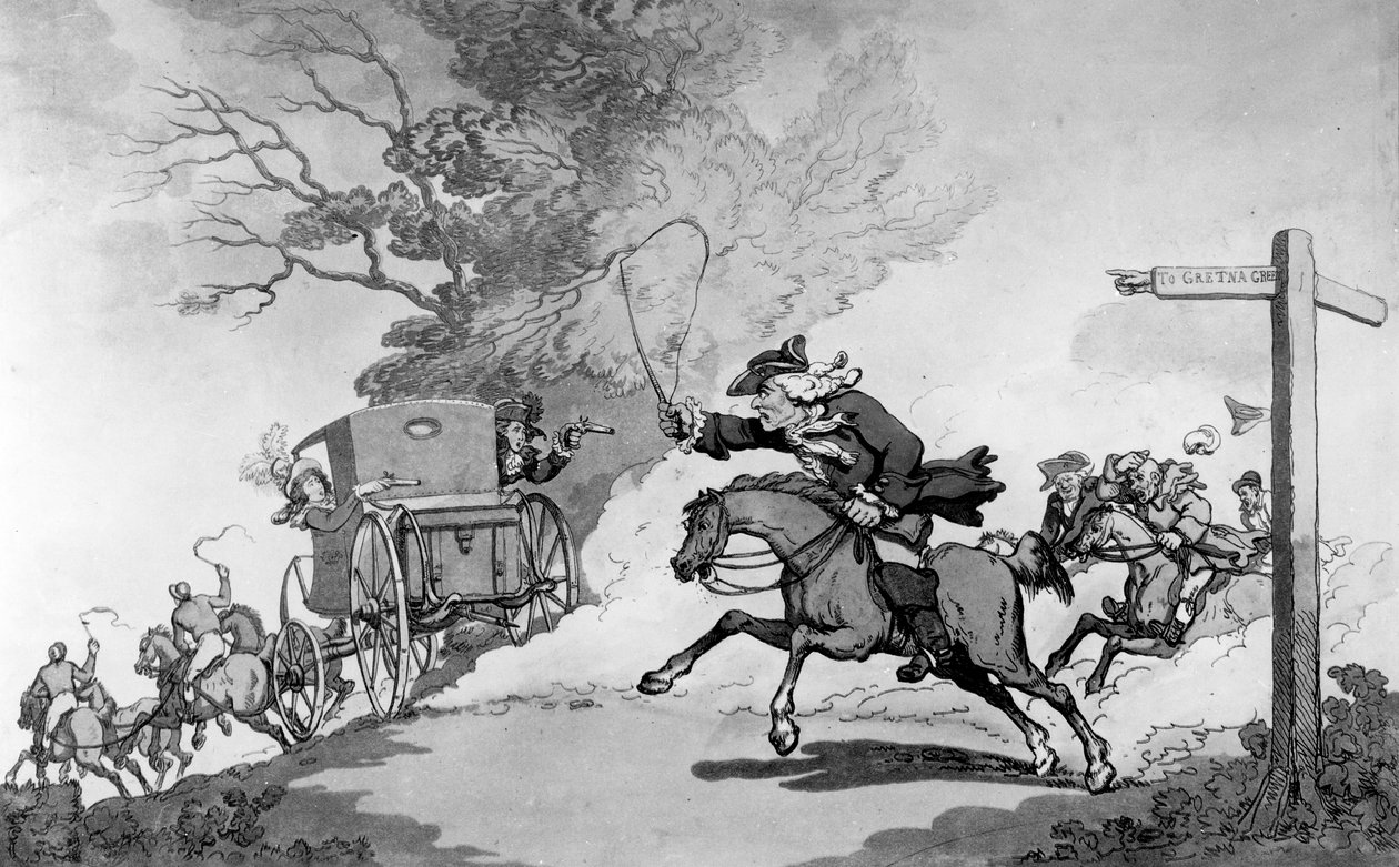 Fillial Affection, or A Trip to Gretna Green, 1780-talet (litografi) av Thomas Rowlandson